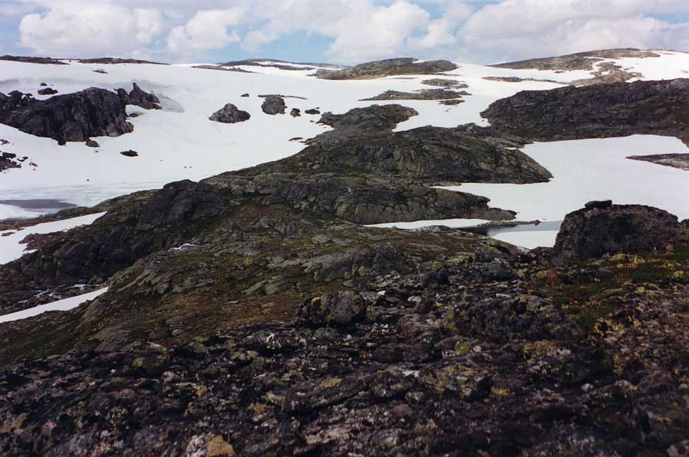 Fra området med kvartsittavslag. Vestre utløpsos fra Kreklevatnet mot høyre. Foto mot nord