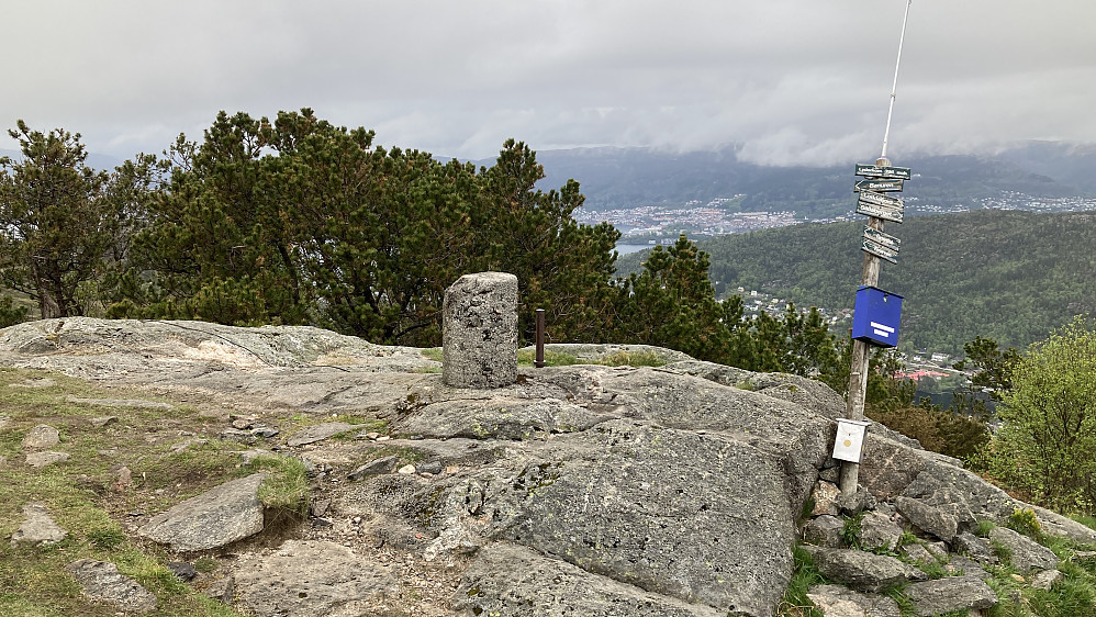 Betongsøylen på Lyderhorn er kort (60 cm), tjukk (42 cm) og delvis ødelagt. Sentralt metallmerke. FastmerkeID 00037 på bergenskart.no