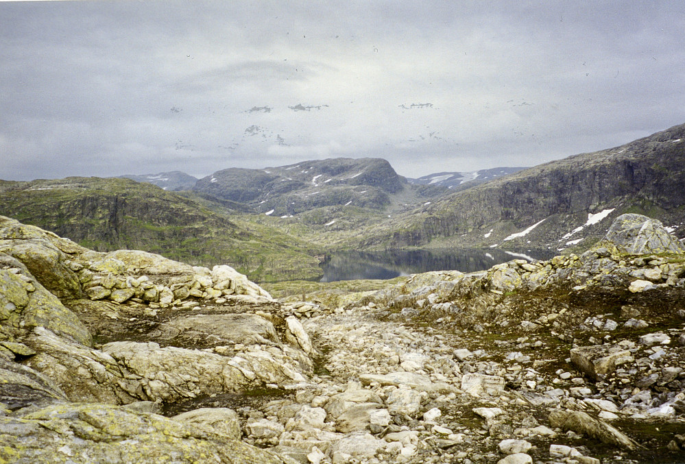 Gommahaug-området med fangstgraver. Kvannjolvatnet 1087 og Skipanuten 1498 i bakgrunnen