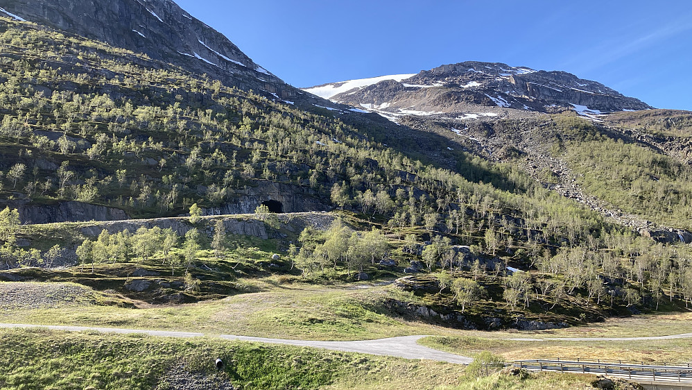 Området ved Stornes. Tunnelåpningen der vi parkerte litt til venstre for midten. Elveleiet etter Fonneelva mot høyre ganske uttørret. Rødmerket sti starter sannsynligvis fra flaten nedenfor tunnelåpningen