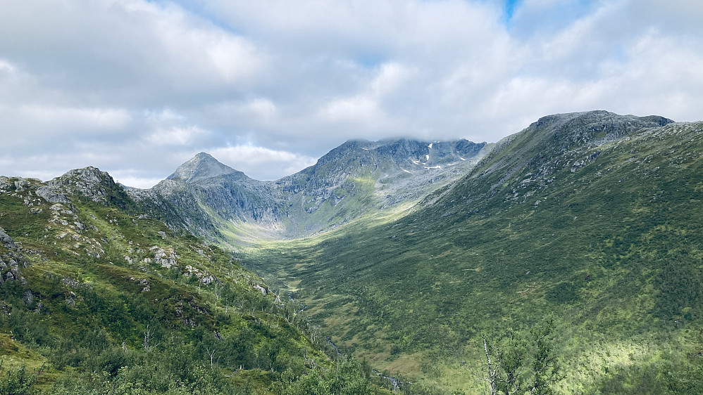 Oppe på Brattfjellet fikk vi oversikt over den lange og humpete ryggen mot Våtvollskaret. Toppene på Tverrelvtindane og Reinspælen i tåke