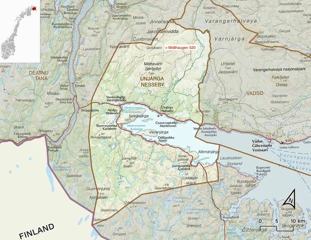 Nesseby kommune ligger på begge sider av Varangerbotn. Høyeste topp er Govdoaivi eller Midthaugen 520 som ligger nær grensen mot Tana