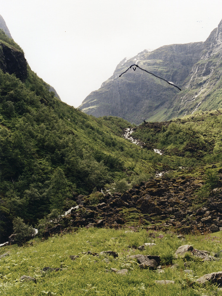Flaten NV for Undredalsevi der stølen Botn kan ha ligget på ca.560 moh. Tusj-streken på fjellet i bakgrunnen indikerer sannsynlig rute videre mot Undredalsmoen og Grindaflet. Det skal være en varde som viser rett vei på stedet merket med V