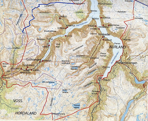 Bearbeidet oversiktskart fra Aurland bygdebok