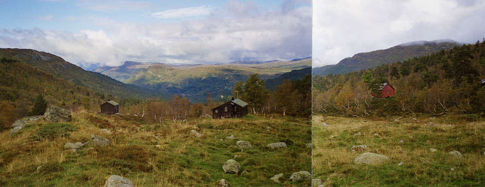 Sammensatt bilde av stølene NV for vatnet. Foto mot NV.