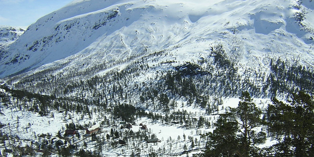 Foto 12.4.2004 fra jernbanen ved Borgarbu mot Tjørehedleren, Skredteigselvi og Mjølfjellets nordside. Fjellskråningen på nordsiden av Mjølfjellet blir brattere dess lenger en kommer mot øst. Magnhildenuten ved inngangen til Slondalen øverst i venstre billedkant. Kårdal Fjellstove nede mot venstre. Hytten vår ned mot Kleivelvi til høyre for midten av bildet