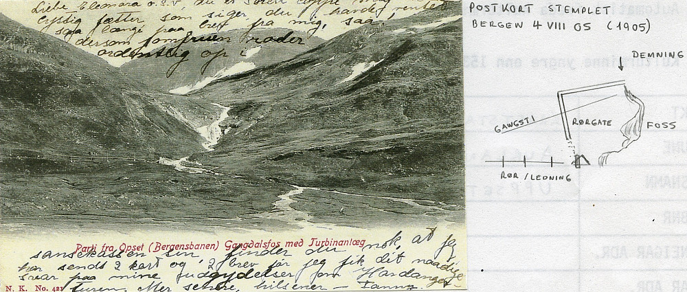 På postkortet fra 1904 kan en se kraftstasjonen nede ved Gangdøla. Derfra går det vei og stolper for strøm mot Upsete. En ser også den bratte rørgaten ned mot turbinen og vanntilførselen fra en demning oppe i Gangdalen.