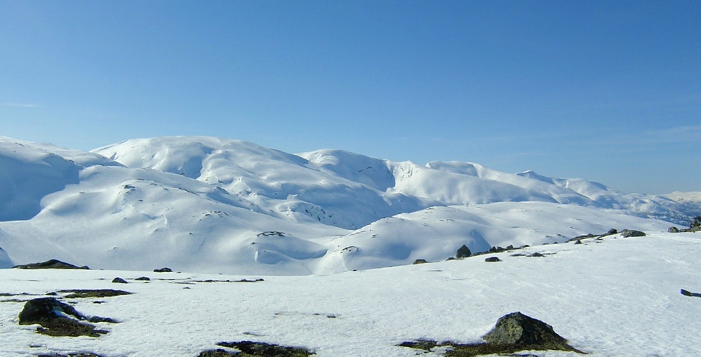 Panorama fra Vesetfjellet mot Raundalsryggen. Fra venstre Fessanut, Olsskavlen, Rastaklov, Seldalsnuten, Skipanut og Honndalsnuten lengst mot høyre
