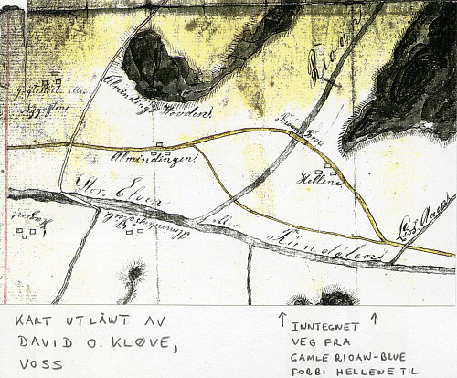 Utsnitt av kart (1830) som viser broen over Rjoåni og ruten østover mot Hellene