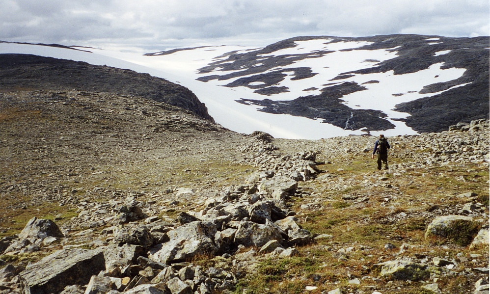 Helge går langs steingjerdet mot stupet ned i Handadalen mot nord