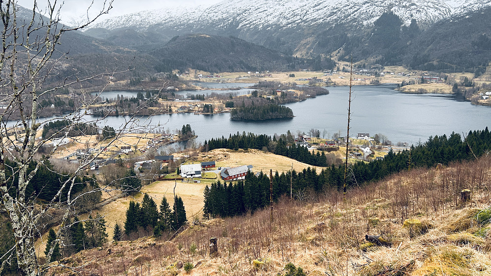 Uventet, flott utsikt østover mot Haukelandsvatnet og Nesheia 215