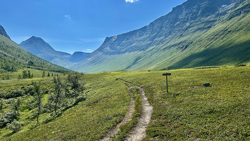 Dramatisk endring av landskapet da vi kom opp til Badjegieddi på ca. 270 moh der dalen åpner seg opp! Mot høyre (vest) Brattfjeld der det ble drevet ut kobbermalm omkring århundreskiftet.