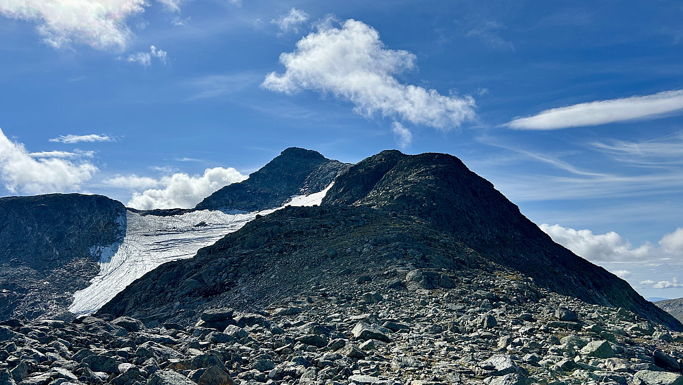NØ-ryggen av Kvigtinden. Bratt opp til nærmeste høyde ca. 1500 moh. Slakere terreng videre mot 1699-toppen som sees bak snøen i bakgrunnen