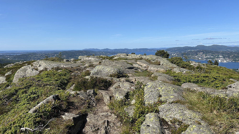 Denne runde steinen lengst sørøst på ryggen er høyeste punkt på Damsgårdsfjellet. Ingen markering.
