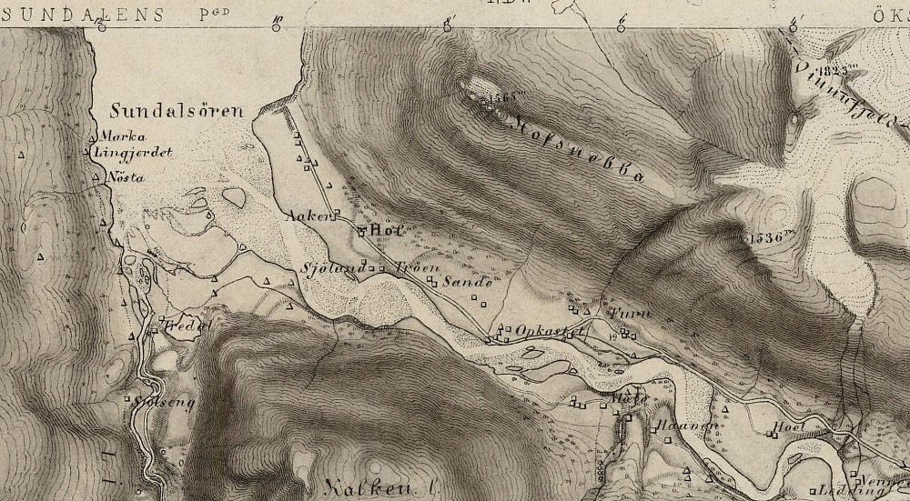 Første detaljerte kart over Sunndalsøra og Hovsnebba. Handtegnet kart fra 1879
