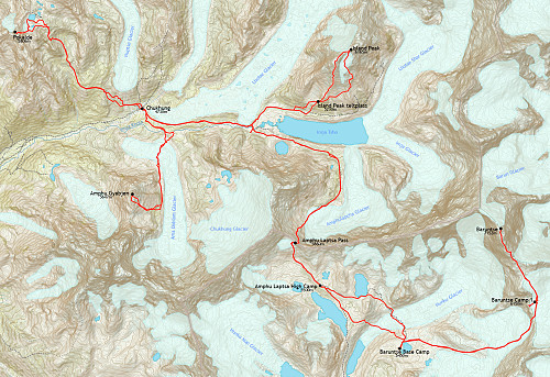 Kart av våre GPS-spor på de fire turene fra Chukhung