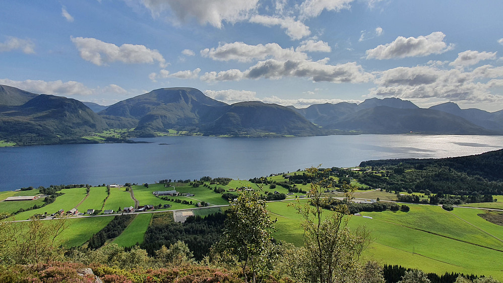 Fra gapahuken er det flott utsikt over den fine jordbruksbygda på Mork, og fjellene på andre siden av fjorden.