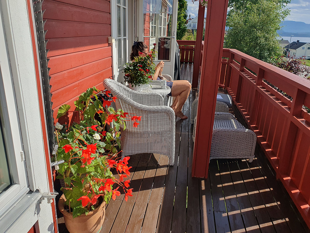 Fint varmt sommervær, deilig terrassevær på morgenkvisten. Etter vært gikk turen til Skaret og blåbærtur.