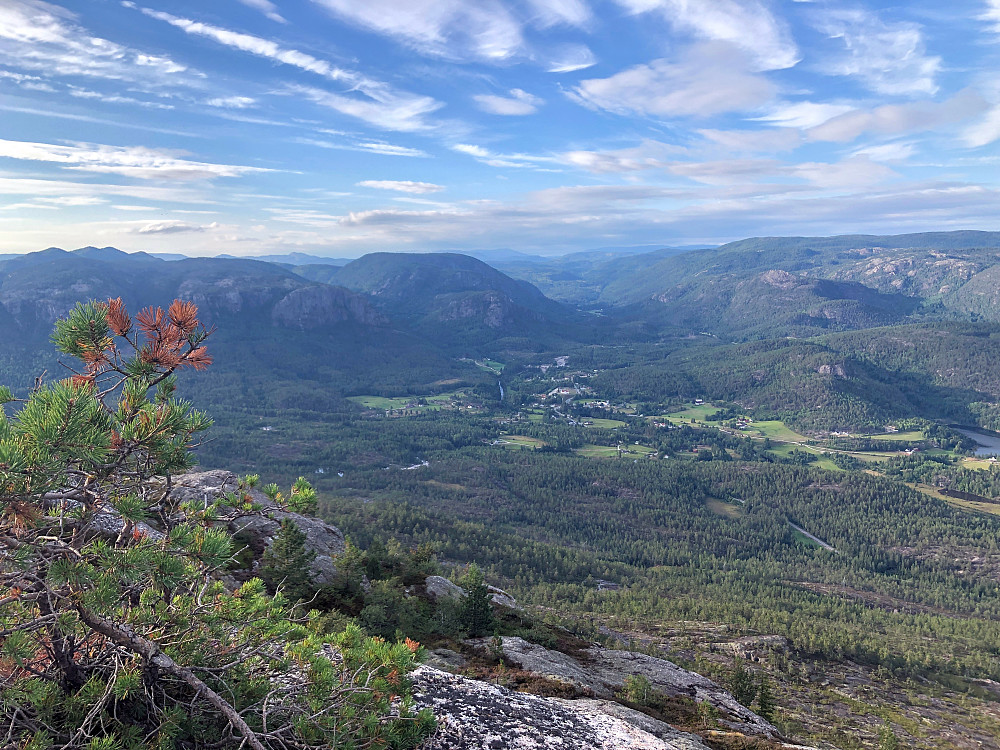 Utsikt mot Bø/Tørdal og veien nordover til Fjågesund. Den runde kollen midt i bildet er Lauvåsheia 687 moh/pf 200. Ingen bestigninger har blitt registrert så langt...