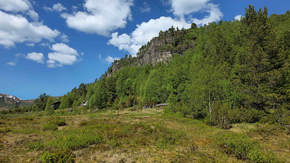 Kom med gjennom tjukk skog til høyre for berget.