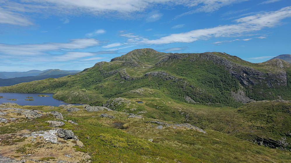 Oppe på Måsvassheia. Litt kronglete fra Stortussen. Gikk ned langs "fossen" ved berget midt i bildet.