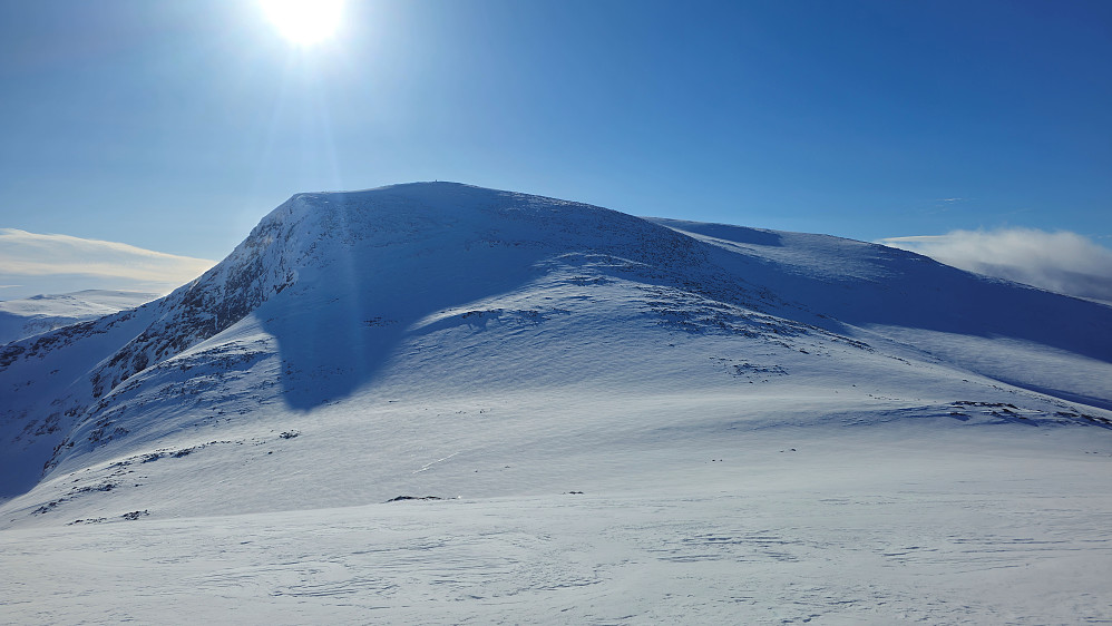 Stigningen mot Midtre Storlifjellet så dryg ut. Cirka 200 høydemeter her. Ikke så mye, men var allerede preget av solsteik og kramper.