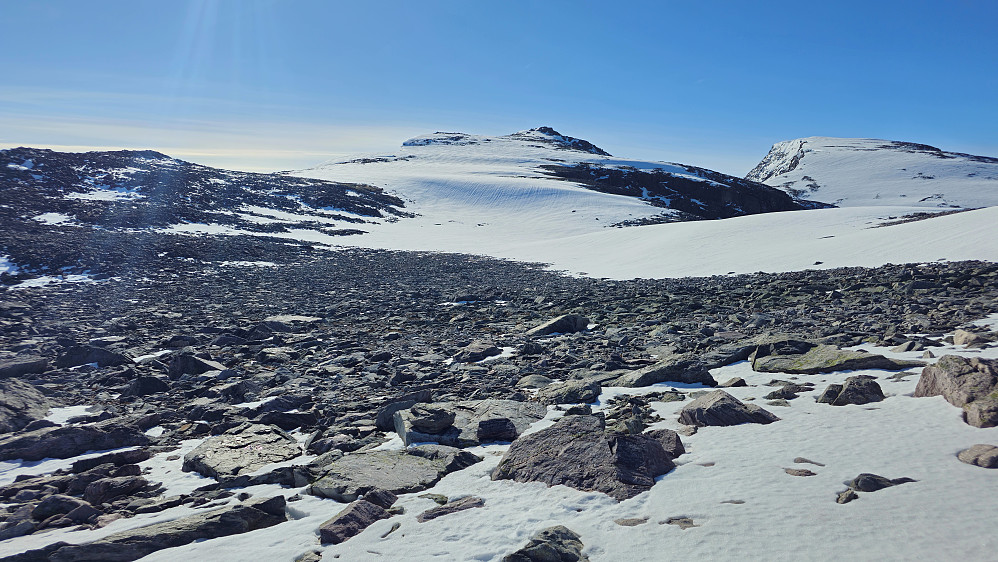 Oppe på ryggen mot Litj-Snota. Hovedtoppen til høyre.