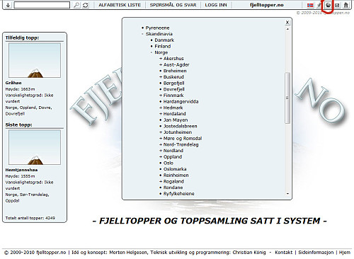 Når man velger globusknappen får man opp et vindu med geografielementer hierarkisk ordnet. Står det et pluss til venstre for navnet, kan man klikke på det for å åpne elementer sortert under dette. Står det et minus til venstre kan man klikke på det for å slå sammen gruppa. Klikker man på selve navnet får man opp ei liste med topper som er registrert under det aktuelle geografielementet.