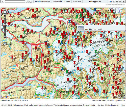 Når man har zoomet langt nok inn på kartet vil grupper opphøre og alle topper vil vises enkeltvis med tegnestifter. Røde er hovedtopper, grønne er sekundærtopper mens blå tegnestifter markerer utsiktspunkt eller kandidattopper. Beveger man musepekeren over en tegnestift får man informasjon om navn og høyde i et eget felt (som vist i illustrasjonen). Klikker man på tegnestiften går man videre til toppens egen side.