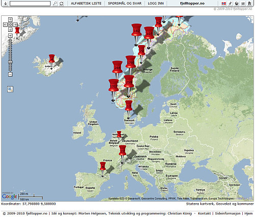 Dette er typisk kartbilde man får opp. Det er et oversiktskart med alle toppene merket av. Inntil man har zoomet seg et stykke inn på toppene vil de av praktiske årsaker vises i grupper med antallet angitt på tegnestiften. Man kan bruke navigasjonsverktøyene (standard googlemaps verktøy) oppe til venstre til å bevege seg i kartet, eller klikke på en av gruppene for å nærme seg enkelttopper.