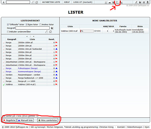 Slik ser skjermbildet ut når man kommer inn på hovedsiden for lister. En knapp som ser ut som ei punktliste på menylinja øverst fører dit.