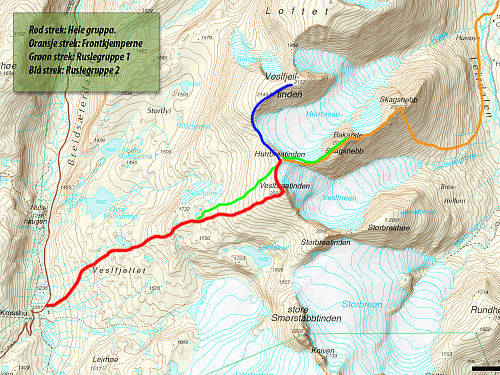 Kart over turen med inntegnet rute (grovtegnet).