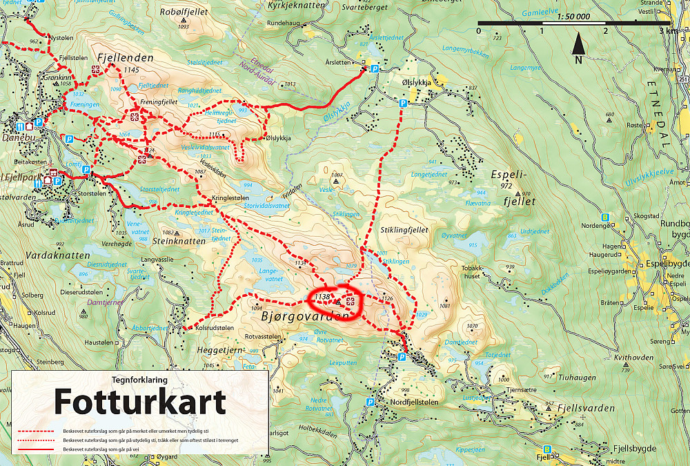Kart med sommerruter rundt Bjørgovarden hentet fra boka På tur i Valdres. Selv om det er noen år siden den ble gitt ut, er rutene i det stor og hele dekkende og riktige fortsatt, selv om det har skjedd enkelte mindre endringer.