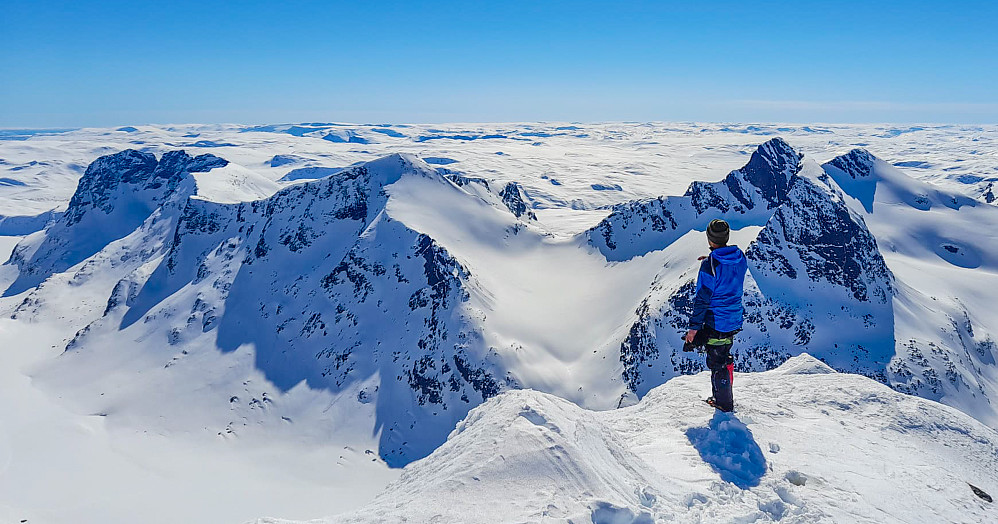 På toppen av Store Knut mot Torfinnstinder, Kvitskardstind, Mesmogtind og Langedalstind. Foto: Øyvind.