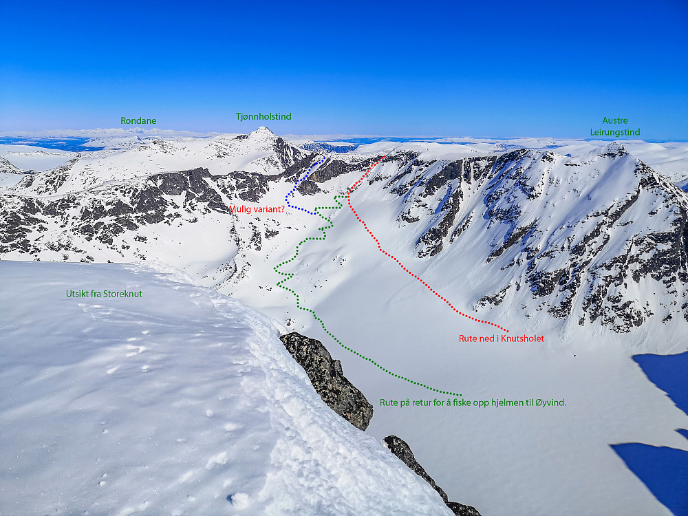 Fra Storeknut med ca. ruter. Tegnet også på en rute som jeg kikket på som med dagens snøforhold også så ganske kurant ut som atkomst til Knutsholet.