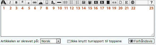 Illustrasjon som viser artikkelredigeringsboksen med tilgjengelige knapper nummerert.