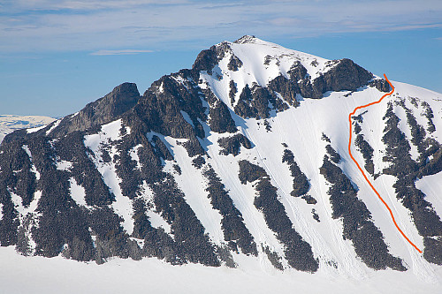 Ruta mot Galdhøpiggen ca. tegnet inn.