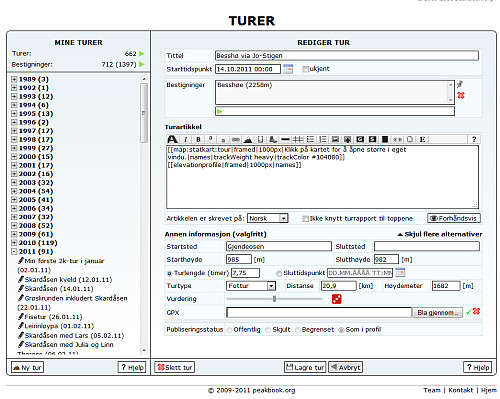 Illustrasjon som viser skjermbildet for registrering av turrapport når ekstra valg er åpnet.