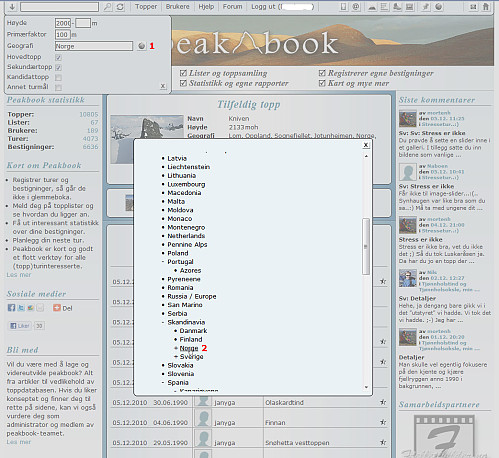 Dersom du er usikkert på geografisk område, men ønsker å gjøre et geografibasert utvalg, klikker du på globusknappen (1) til høyre for geografifeltet. Du får da opp en boks med alle geografielementene på peakbook.org. Mengden kan kanskje virke litt overveldende, men de er hierarkisk og logisk sortert, så det burde være relativt kjapt å finne frem likevel. I eksempelet er det topper i Norge (2) vi ønsker å plukke ut. Vi klikker derfor på Norge og Norge blir satt inn i geografifeltet og boksen lukkes. Dersom man ønsker å gå tilbake uten å velge noe, klikker man på krysset øverst til høyre i boksen.