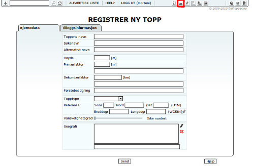 Skjemaet når går inn for å registrere en ny topp. Knappen man trykker på for å komme hit er merket av med rødt på menylinja øverst i illustrasjonen.