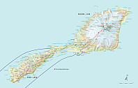Jan Mayen oversiktskart. Blå streker er seilruta og rød strek er rute på fjellet. Lilla sirkler markerer steder vi overnattet under oppholdet på øya.