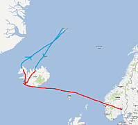 Oversiktskart med reiserute fra Oslo til Reykjavik og videre med innenriksfly til Isafjordur. Derfra med båt til Jan Mayen. Retur med båt til Dalvik og retur fra Akureyri via Reykjavik til Oslo.