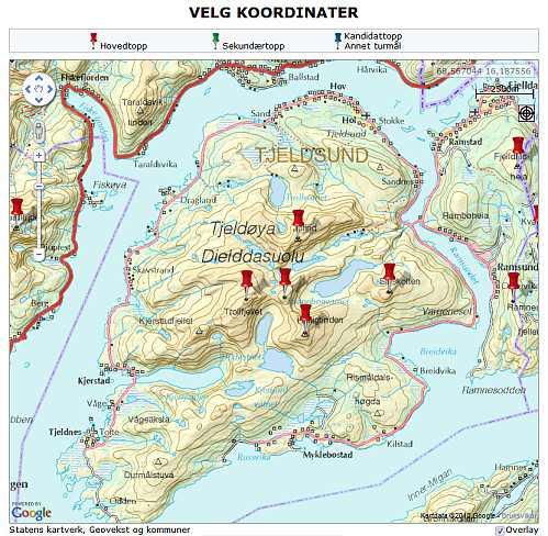 Vinduet som kommer opp når du velger å sette inn koordinater via kartet. Til høyre relativt langt oppe ser du den sorte sikteskiva. Når du har manøvrert deg langt nok inn på toppen, klikker du på den. Denne forandrer så farge til rød og du kan klikke i kartet for å sette inn koordinater i skjemaet.