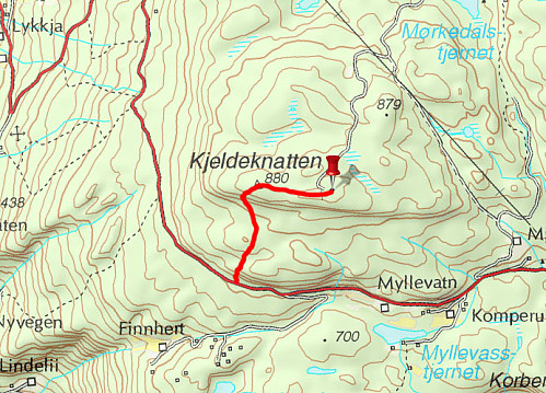 Kartutsnitt over Kjeldeknatten med vår rute inntegnet.