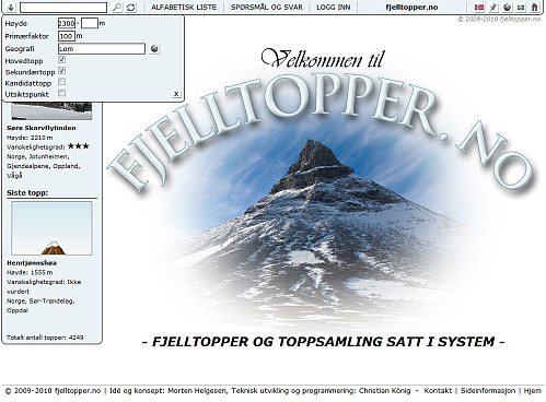 1. Ved å klikke på pila helt oppe i venstre hjørne får man opp flere filter. I dette tilfellet har vi valgt å søke på topper i Lom hvor primærfaktoren er 100 meter eller mer og høyden 2300 moh eller mer.