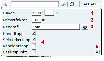 Nærbilde av søkeboksen. I feltet merket med (1) angir man høyde. Man kan enten oppgi høyde fra-til eller kune en av delene. Skriver man inn høyde kun i det venstre feltet vil filtre gjelde for topper med høyde fra og med det man har oppgitt, og tilsvarende i det høyre feltet til og med angitt høyde. Med felt (2) kan man filtrere bort topper med primærfaktor under et visst antall meter. Med felt (3) kan man begrense søket til kun å gjelde et geografisk element eller område. Dette kan enten skrives rett ut. Man kan også forkorte med * eller %. Alternativt kan man klikke på globusen til høyre for feltet for å få opp en boks hvor man kan velge geografisk område. Avkrysningsboksene angir hvilke topptyper man ønsker å ta med i søket. Ønsker man også å inkludere f.eks. utsiktspunkt, må man passe på at dette er krysset av. (5) er en knapp for å lukke de utvidede søkefunksjonene. Dette kan også gjøres ved å klikke på pila helt oppe til venstre en gang til. 