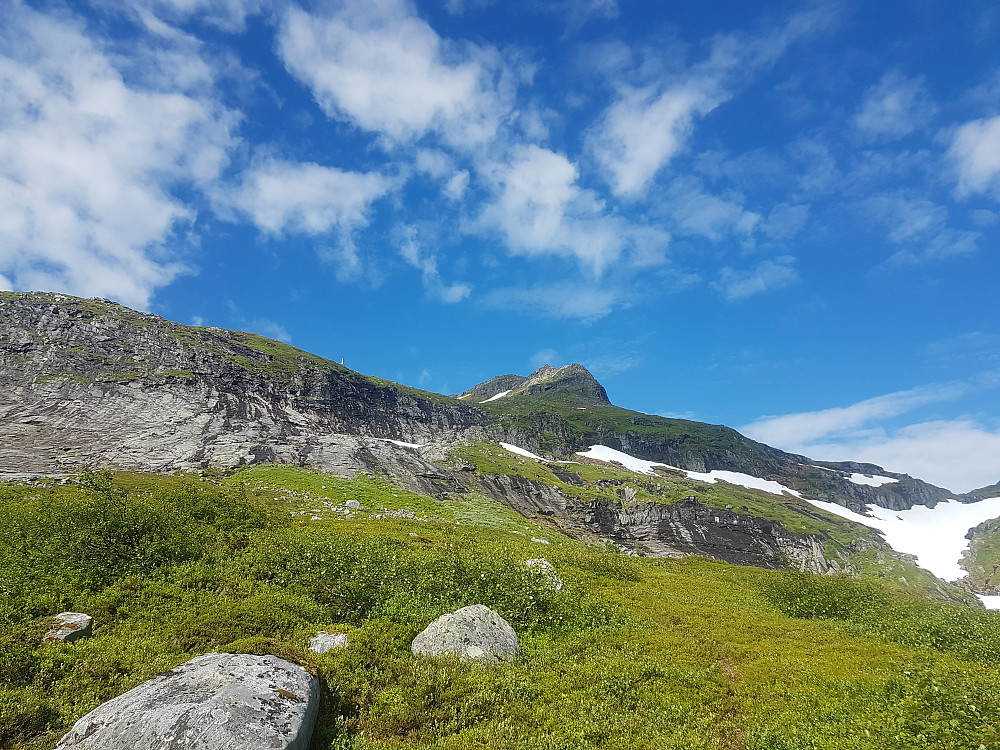 Inte helt lätt att se bästa veien över svaene. Gick till höger om den lille bekken mitt i bilden. Där var det också en gammal vajer och verkar som det er där folk går. Tror det er enklast att inte följa vajern hela veien utan gå snett opp venster och sen rakt opp över berg. Lätt klyving.