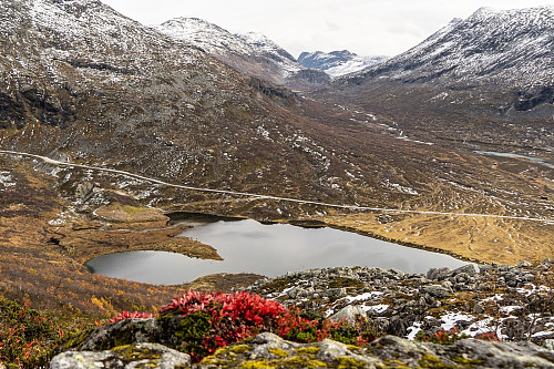 View from Søraustre Småholtindan towards Slettvikvatnet lake and Langfjelldalen valley