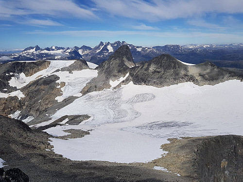 Fra toppen av Falketind- mot nord. Ser  Stølnosbreen med Stølnostinden (2073 moh) i bakgrunnen