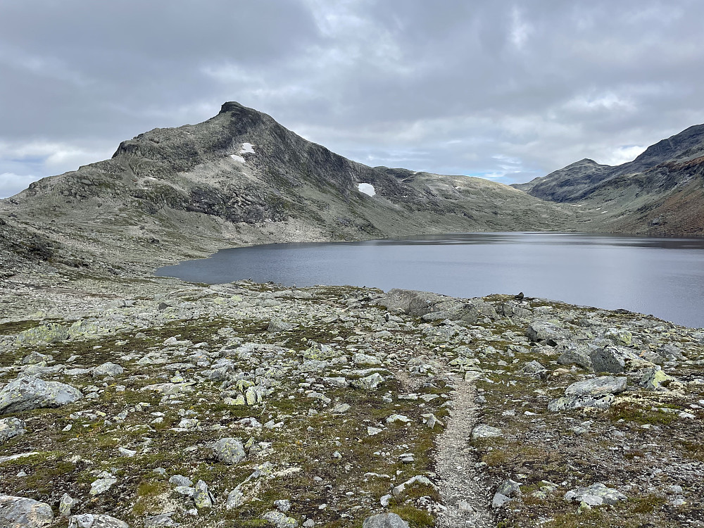 Fleskedalsnosi, eller Skarbottsnosi (1780 m) fra sydenden av Uradalsvatnet (1314 m).